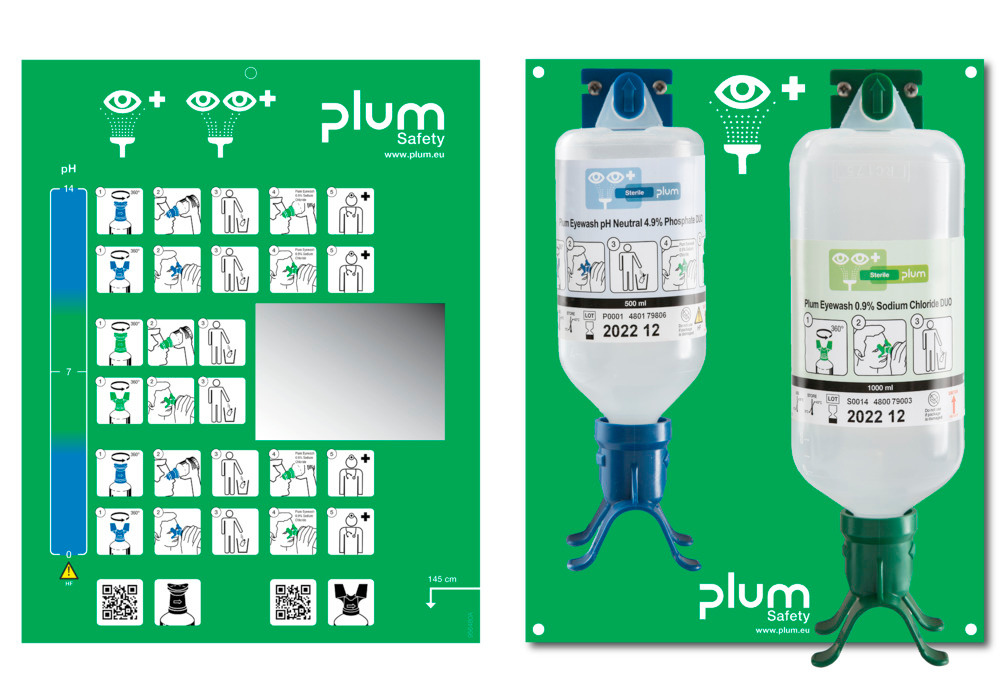 Wandstation mit 2 Augenspülflaschen, je einmal 500ml ph-neutral und 1000 ml Kochsalzlösung