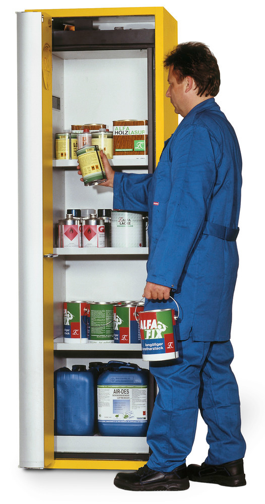 asecos Feuerbeständiger Gefahrstoffschrank "one touch", 3 Einlegeböden, Türanschlag rechts, gelb