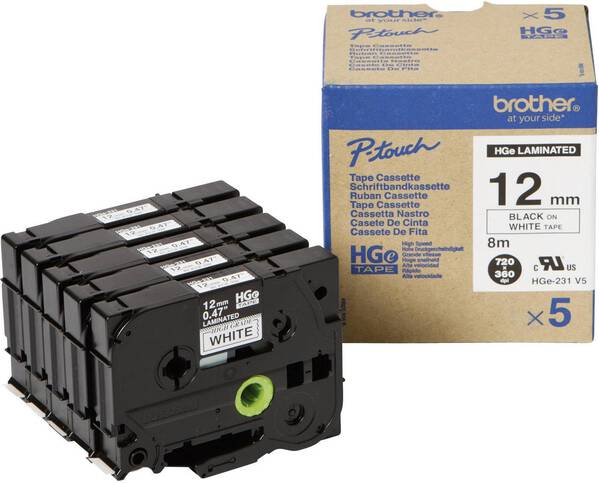 Brother HGe-231V5 Schriftband 5er Set Bandfarbe: Weiß Schriftfarbe: Schwarz 12 mm 8 m