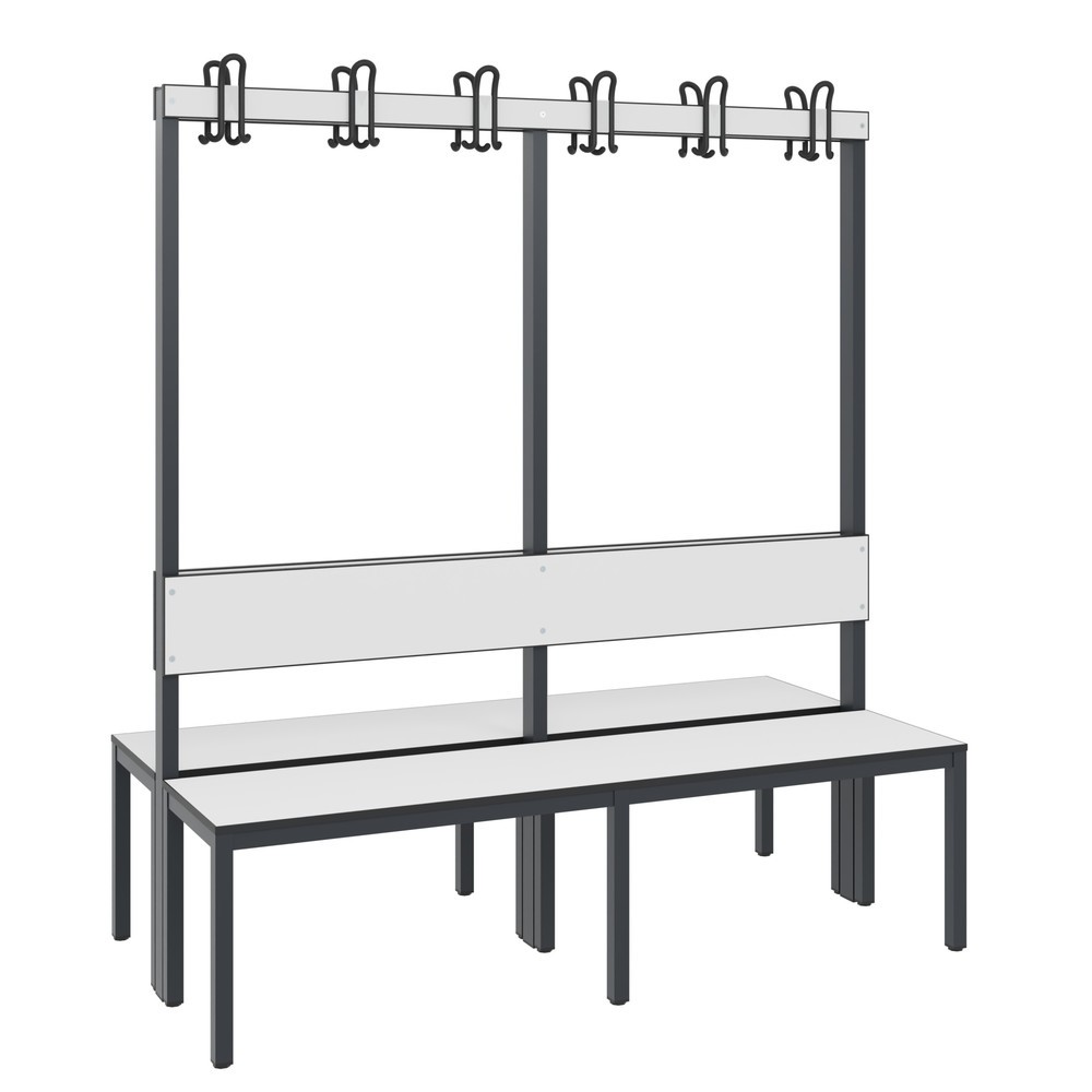 C+P Umkleidesitzbank Basic Plus, Länge 1.500 mm, doppelseitig, mit Rückenlehne, 2x6 Doppelhaken