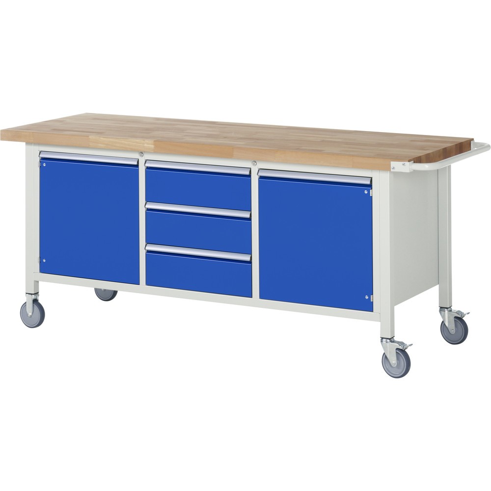 RAU mobile Werkbank Serie 8000, 1 Dreifach-Unterbau-Container, 2 Flügeltüren, 3 Schubladen, Höhe 880-1.080 mm