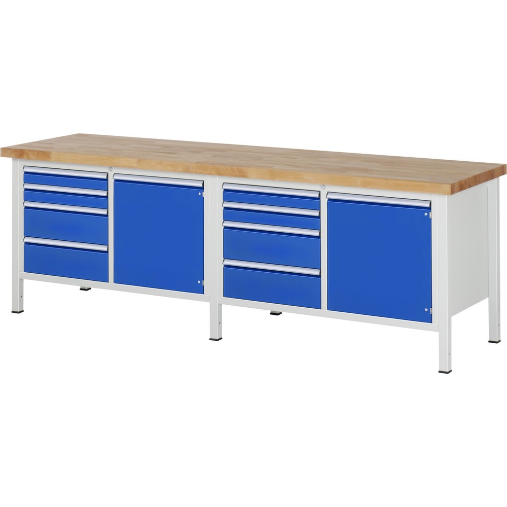 RAU Werkbank Serie 8000, 2 Doppel-Unterbau-Container, 2 Flügeltüren, 8 Schubladen, Höhe 840-1.040 mm