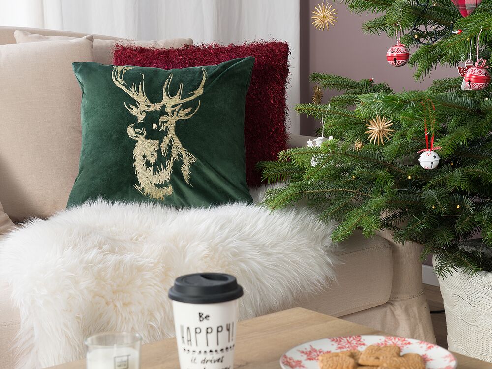 Dekokissen 2er Set BLITZEN Samtstoff 45 x 45 cm Dunkelgrün Weihnachtsmotiv – Bild 2