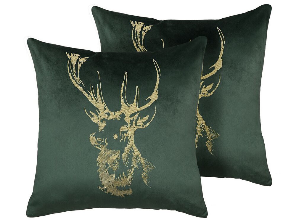 Dekokissen 2er Set BLITZEN Samtstoff 45 x 45 cm Dunkelgrün Weihnachtsmotiv