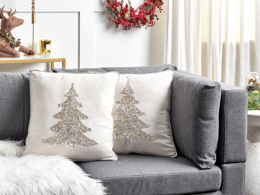 Dekokissen 2er Set CLEYERA Baumwolle 45 x 45 cm Beige Weihnachtsmotiv – Bild 2