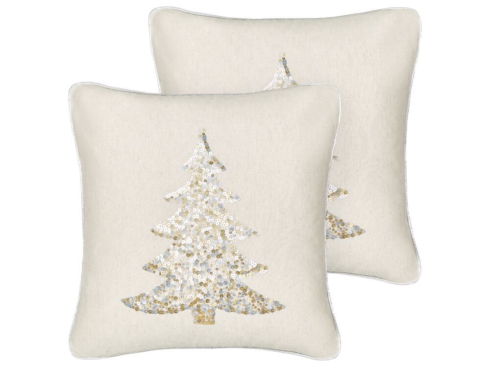 Dekokissen 2er Set CLEYERA Baumwolle 45 x 45 cm Beige Weihnachtsmotiv