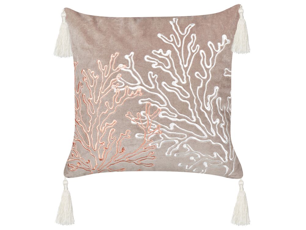Dekokissen MAZZAELLA Samtstoff 45 x 45 cm Taupe Pflanzenmuster