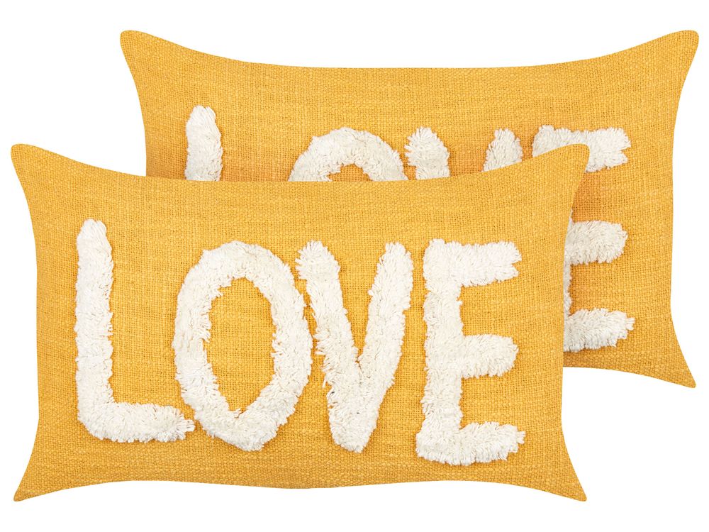 2 Cotton Cushions 30 x 50 cm Yellow LOVE