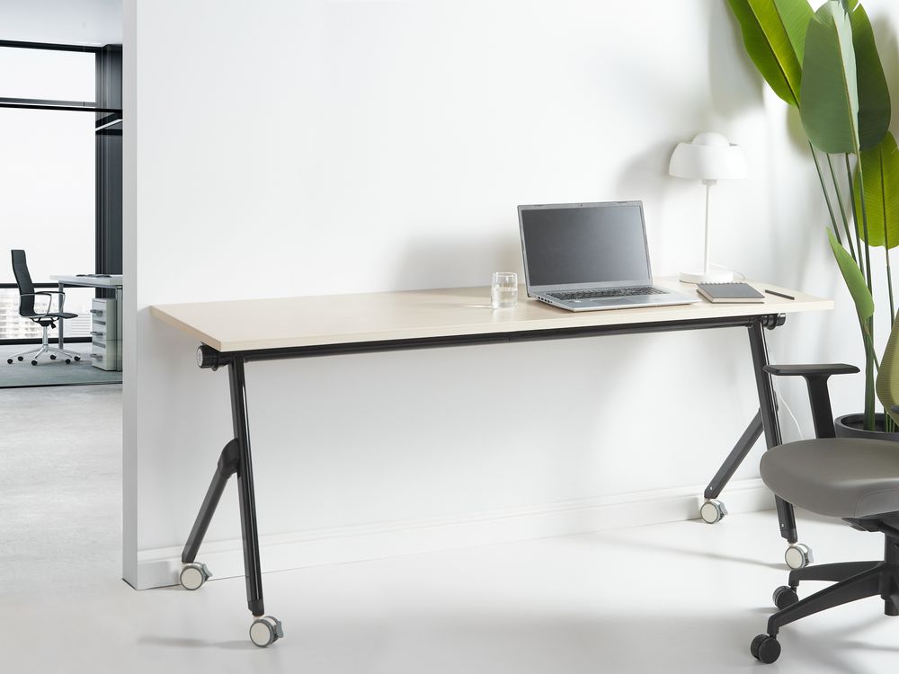 Folding Office Desk with Casters 180 x 60 cm Light Wood and Black BENDI – Bild 2