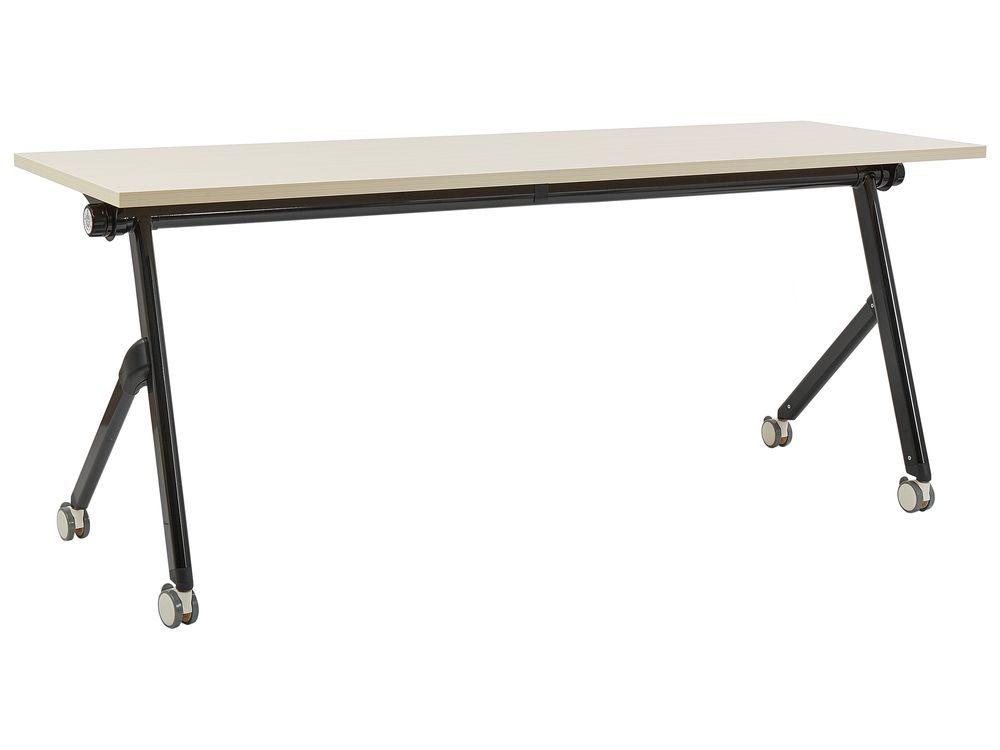 Folding Office Desk with Casters 180 x 60 cm Light Wood and Black BENDI